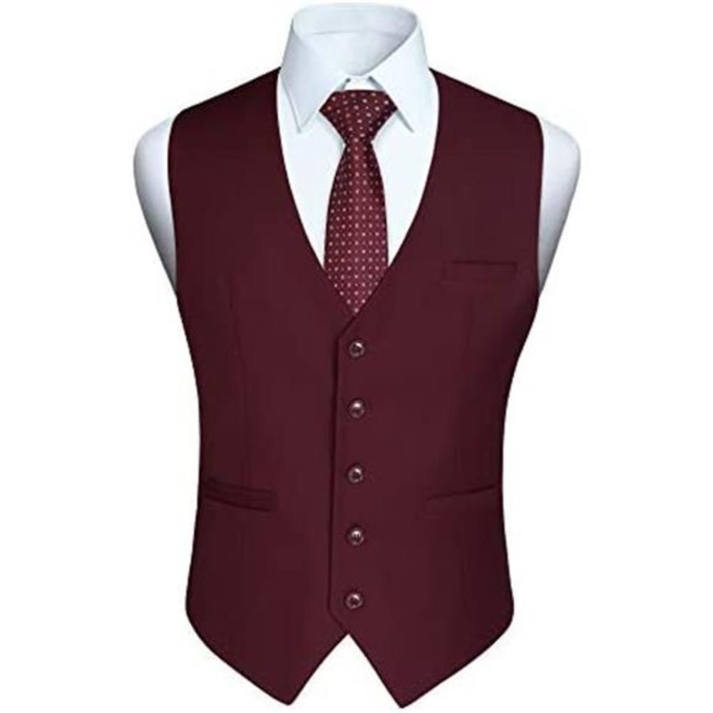 Men's Suit Formal Dress Waistcoat Vest with 3 Pockets - Burgundy
